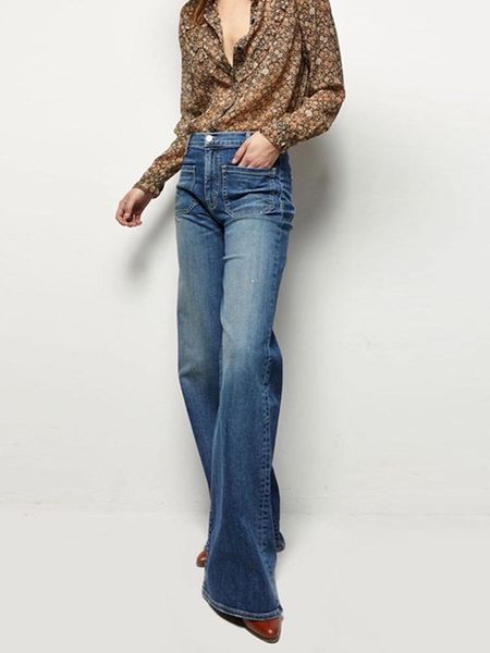 

jeans women microstretch denim flared pants front and rear fourpocket retro cotton high waist slim lady long jeans, Blue