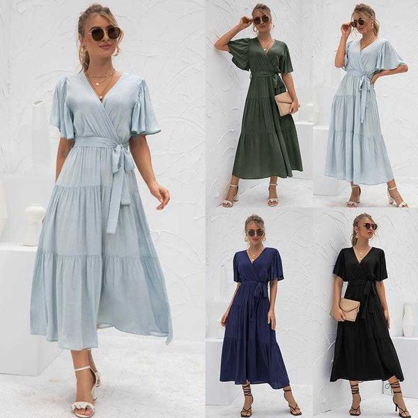 

nuoxi summer product dress womens clothes v neck long patchwork 1853, Black;gray