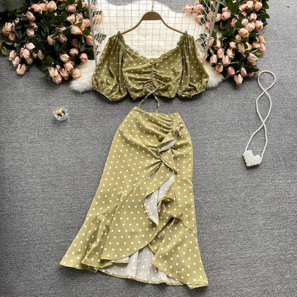 

dresses polka dot slash neck midcalf elegant fashion two piece skirt patchwork short puff sleeve dress clothing sets women's suit, Black;gray
