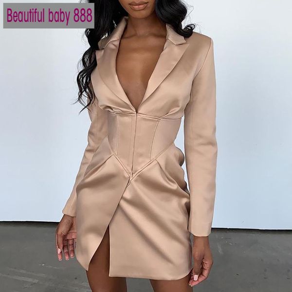 

pants 2021 new autumn winter v neck khaki blazer dress women bodycon elegant thin coat outwear female party club night blazer, White