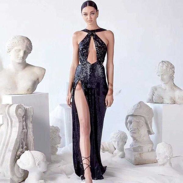 

summer black paillette backless sleeveless casual dresses hollow high, Black;gray