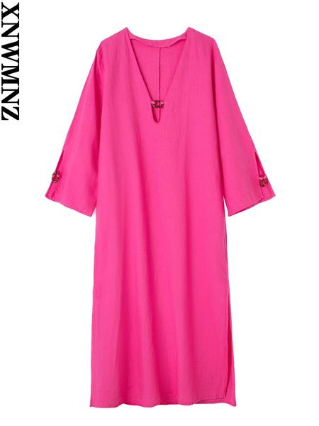 

dresses xnwmnz summer woman fashion linen blend tunic dress women's casual vneck wide sleeves side vents loose long dresses for women, Black;gray