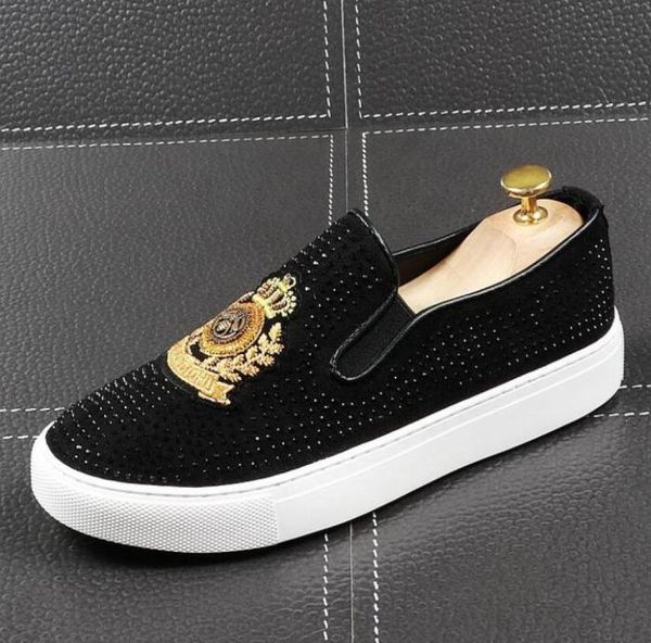 

new arrival dandelion spikes flat leather shoes rhinestone fashion men embroidery loafer dress shoes smoking slipper casual diamon4665111, Black