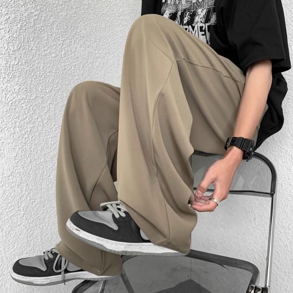 

pants koreanstyle baggy casual wideleg pants male summer ice silk thin fashion loose drawstring harem pants streetwear trousers, Black