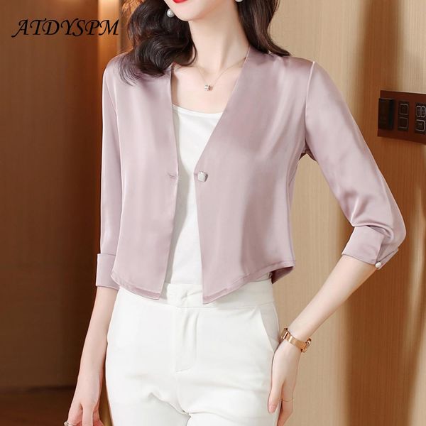 

pants new summer thin satin blazers women leisure elegant solid 3/4 sleeve chic korean fashion female office wear vintage coat, White