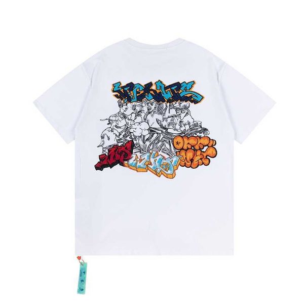 

30% off spring autumn new ow colorful cracked graffiti embroidery round neck men's and women's loose short sleeve t-shirt hair, White;black