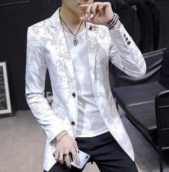 

blazers men's slim mid length casual suit trend autumn, White;black