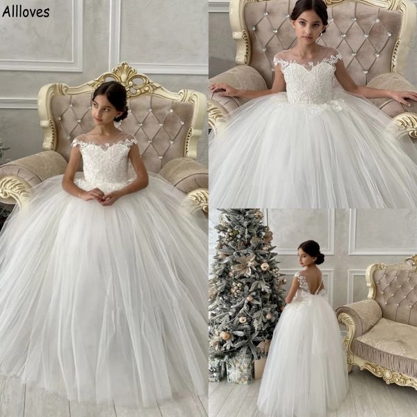 

puffy tulle ball gown flower girl dresses for wedding party cap sleeves lace appliqued infant kids first communion birthday gowns little gir, White;blue