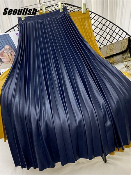 

skirts seoulish women autumn winter pu leather pleated skirts elastic high waist fashionable all-match midi skirt female 230422, Black