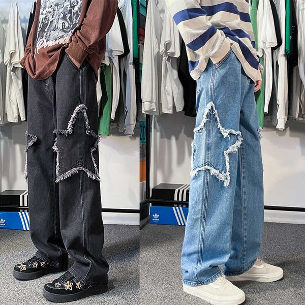 

men's pants star embroidery jeans hip hop trousers male denim pants wide leg women's casual streetwear harajuku fashion trend stra, Black