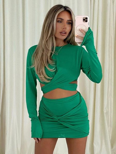

dress women dress sets elegant two piece sets autumn long sleeve wrap and mini skirts sets green club party outfits 2022, White