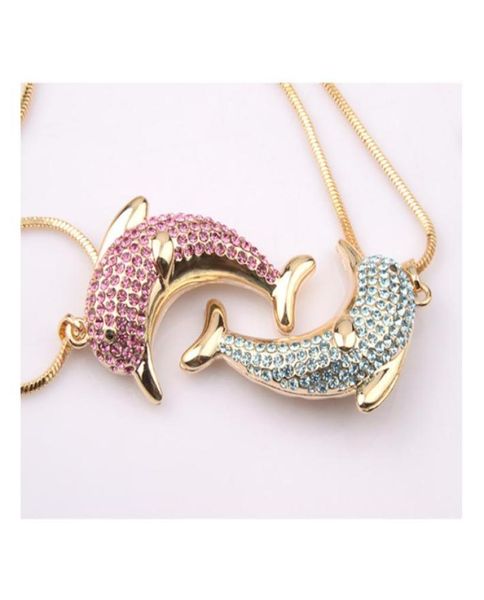

vintage colorful dolphin pendant necklaces 18k gold plated austrian rhinestones animal necklaces fashion jewelry 5 colors retail w6701624, Silver