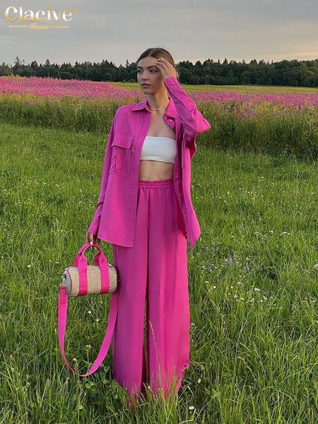 

pants clacive casual loose pink women sets fashion long sleeve shirts high waist pants two piece set elegant straight trousers suit, White