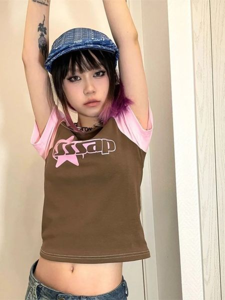 

women s t shirt korean crop splicing short sleeve summer fashion star letter print e girl tee y2k clothes cute o neck tshirt kawaii 230421, White