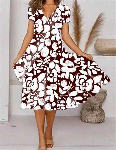 

womens bohemian dress trendy flower positioning printed v neck short sleeve, Black;gray