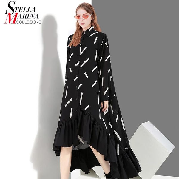 

dresses long sleeve casual style woman plus size autumn long black shirt dress striped print ruffled loose party dresses robe femme 3907, Black;gray