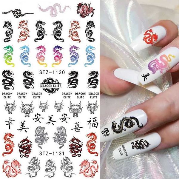 

stickers decals dragon snake nail sticker chinese style nail water transfer slider abstract new year character decal manicure sastz111411371, Black