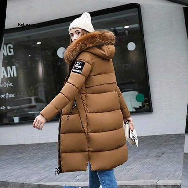 

leather women parkas coat winter big fur collar jacket thick slim coats fashion hooded cotton outerwear long winter woman coat, Black