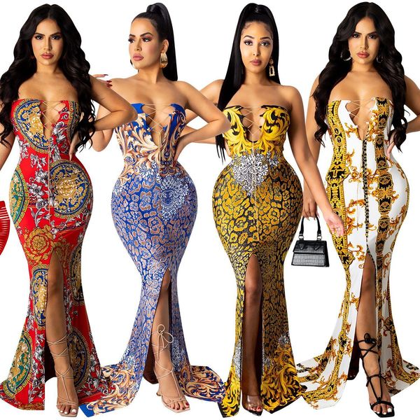 

dresses zaggin 2021 autumn women print 4colors long dress strapless sleeveless skinny dress lady chain tied chest split dress, Black;gray