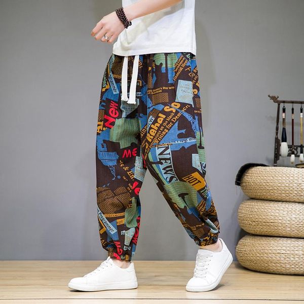

pants new casual pants thin breathable imitation linen casual crotch large size harem pants lantern print long pants 5xl, Black