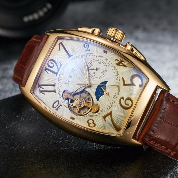 

sewor skeleton watch mechanical automatic self-wind leather bracelet moon phase men luxury man tonneau case watches sewor01251a, Slivery;brown