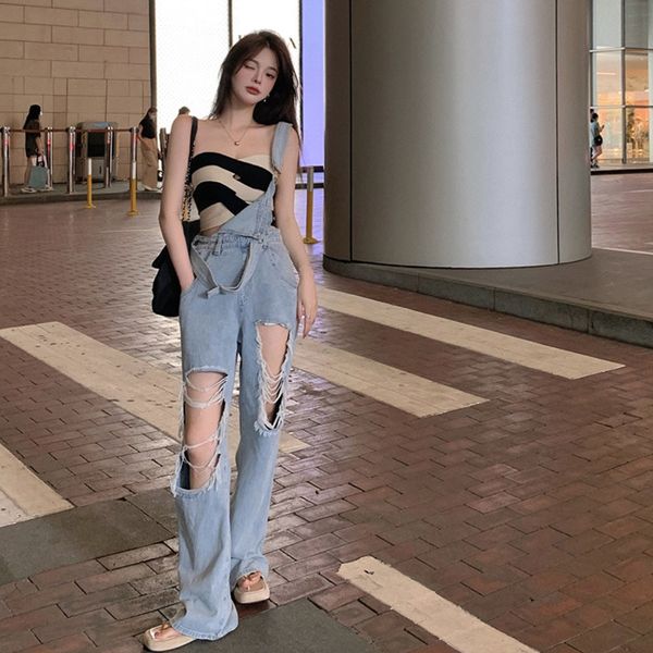 

women's jeans beggar pants fashion denim suspender pants jumusuits for women summer blue straight ripped wideleg rompers streetwear 230