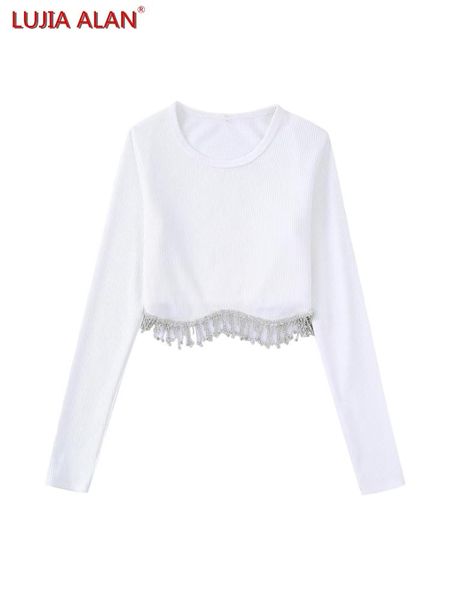 

t-shirt women tassels design black white knitting tshirt summer female long sleeve crop casual streetwear lujia alan t1656
