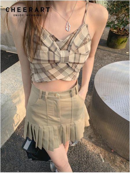 

t-shirt cheerart classics plaid khaki crop cami women 2022 backless bow bustier summer fashion outfits camisole, White