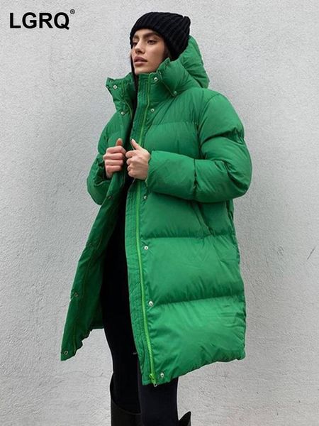 

parkas lgrq fashion women's long bread cottonpadded coat new loose zipper hooded collar solid jackets female tide winter 2022 19j1792, Black