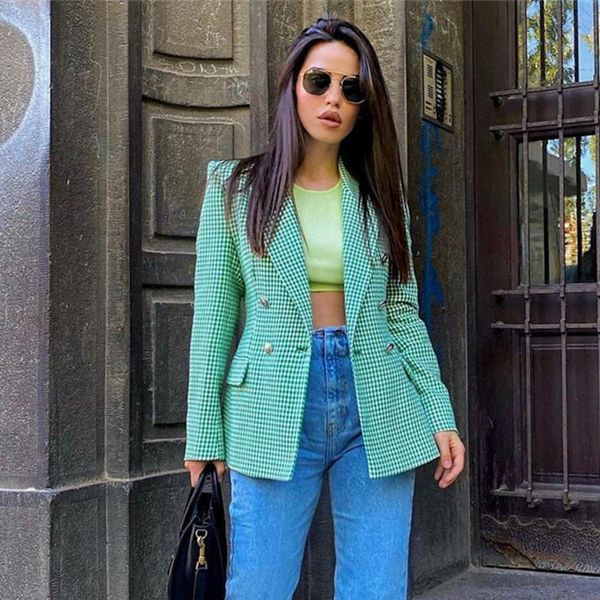 

pants ladies plaid lapel collar double breasted women blazer slim streetwear casual office lady work jacket women coat chic female, White