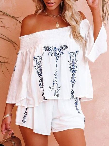 

dress two fashion pieces set for women outfits plants print off shoulder bell sleeve and shorts set casual ropa mujer, White