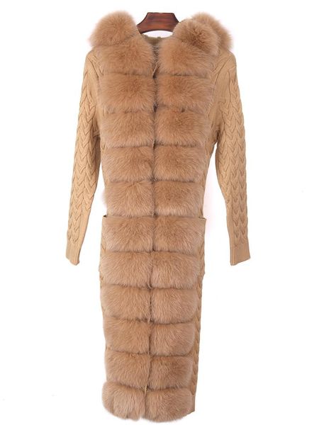 

fur xlong winter women wool knitted sweater real fox fur coat ladies cardigan luxury natural fox fur collar hooded streetwear belt, Black
