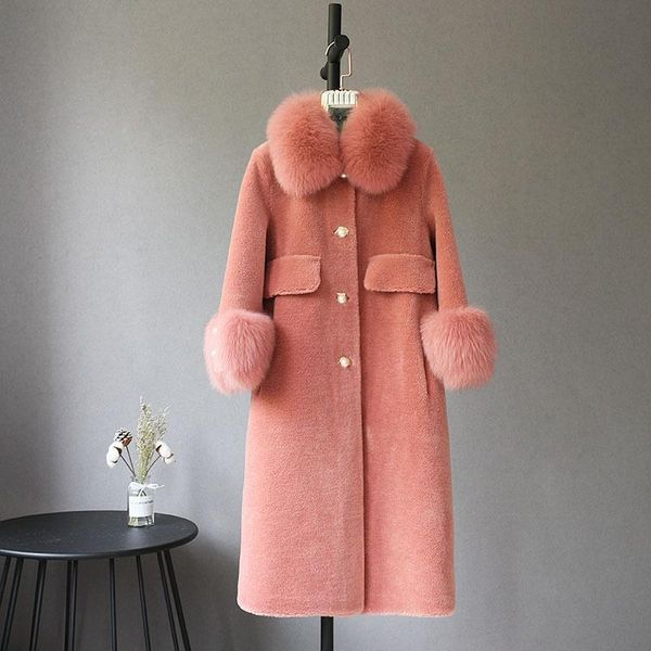 

fur oftbuy 2022 fashion real sheep shearing natural fox fur collar winter jacket doublefaced genuine leather thick warm outerwear, Black