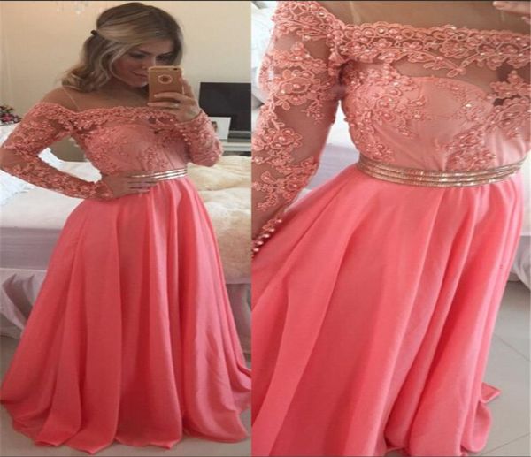 

aline off shoulder floorlength chiffon beading illusion sleeves prom dress long sleeves evening dress with beading belt2810284, Black