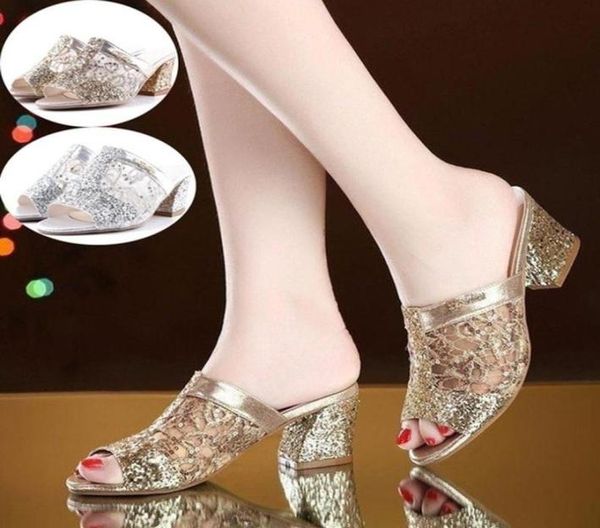 

sandals woman summer gold open toe sandal lace dress shoes womens high heels square heeled pumps ladies7420311, Black