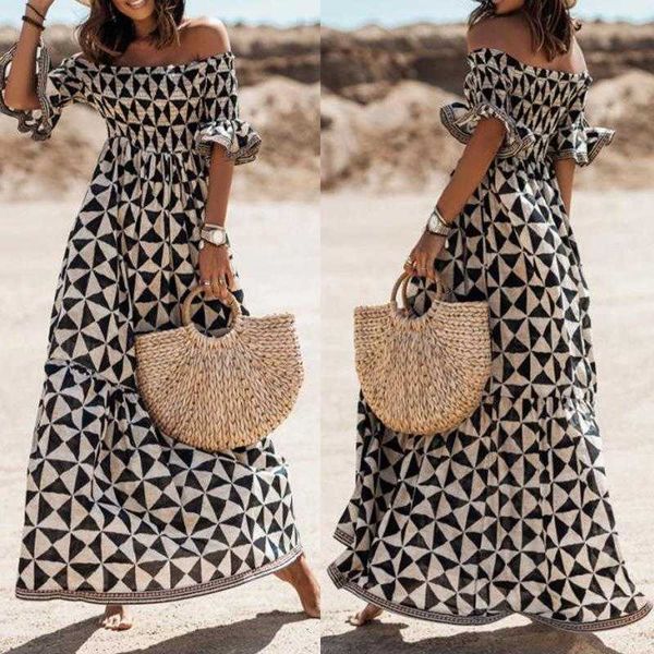 

summer style dresses off neck printed waist controlled long dress retro, Black;gray