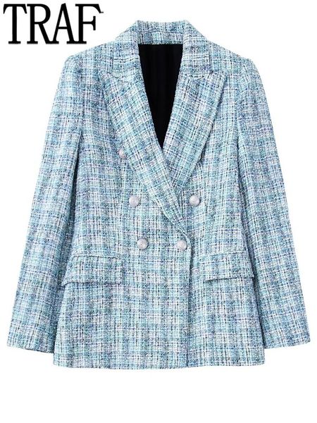 

pants traf blue plaid blazer women tweed jacket woman double breasted women's blazer set autumn office wear elegant womens jackets, White