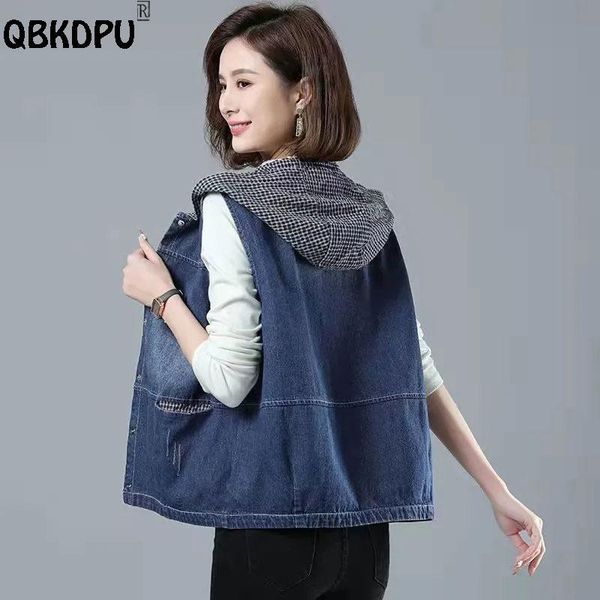 

vests casual loose hooded vest women sleeveless denim jacket plaid patchwork streetwear jean waistcoat wash spring chaleco mujer, Black;white