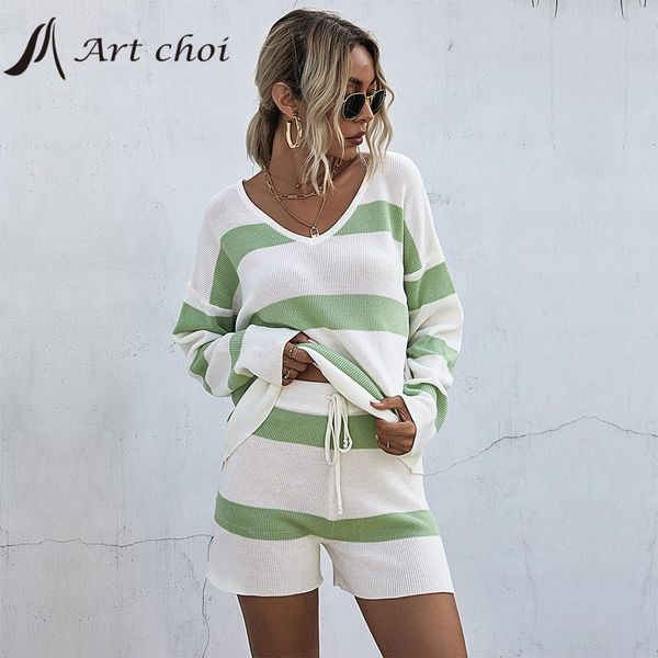 

dress knitted two piece set stripe tracksuit casual outfit sweater short suits women jumper pullover shorts knitwear 2 piece sets, White