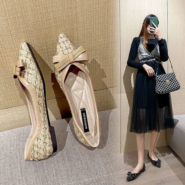 

dress shoes spring pointed toe flat for women shallow mouth black tweed sweet bowknot slip on female party feetwear 230421