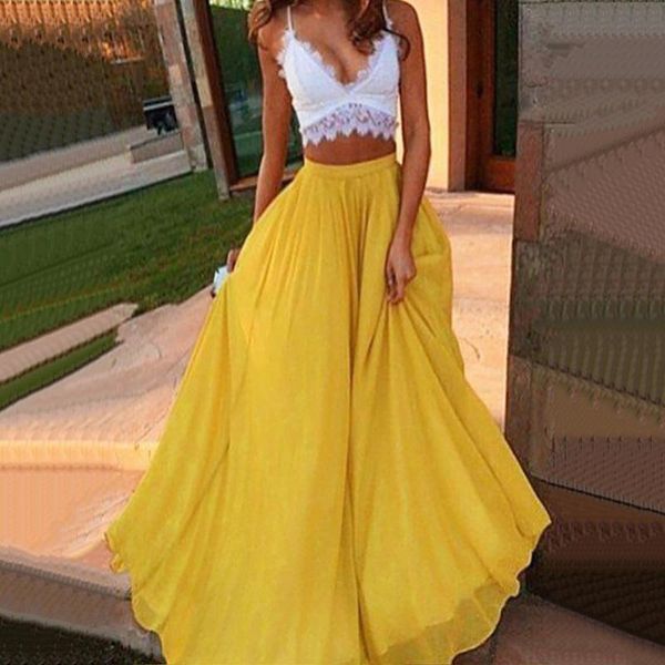 

dresses 2021 new long chiffon skirt women summer fashion casual elastic high waist solid color breathable boho beach anklelength skirts, White;black