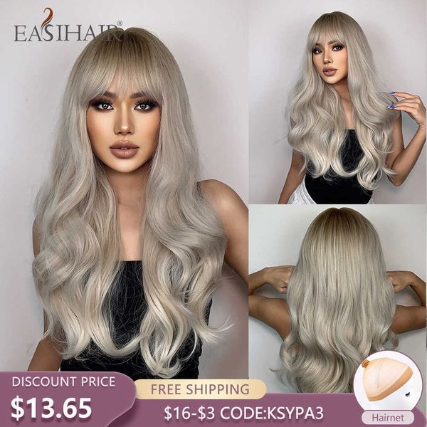 

synthetic wigs easihair gray blonde ombre synthetic hair wigs long natural wavy heat resistant wig with bangs for women daily cosplay fake 2, Black