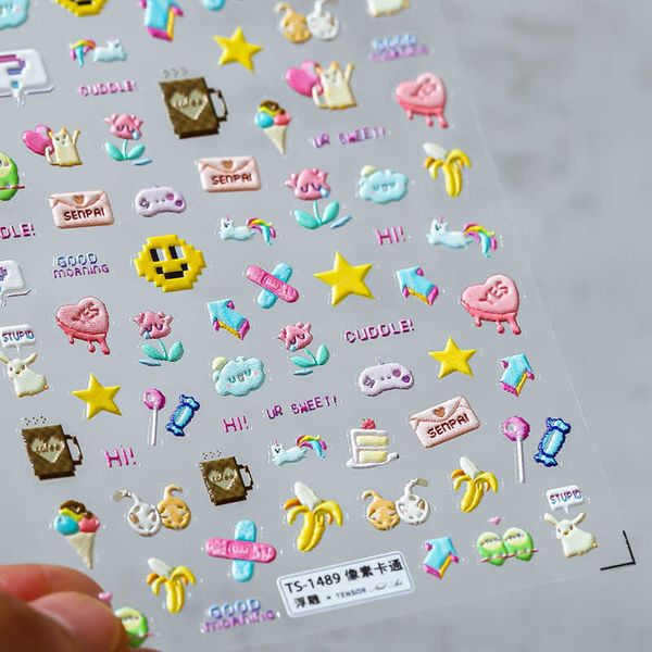 

stickers decals colorful pixel cartoon design 5d embossed reliefs nail art stickers 3d adhesive nail decorations decals wholesale dropshippi, Black