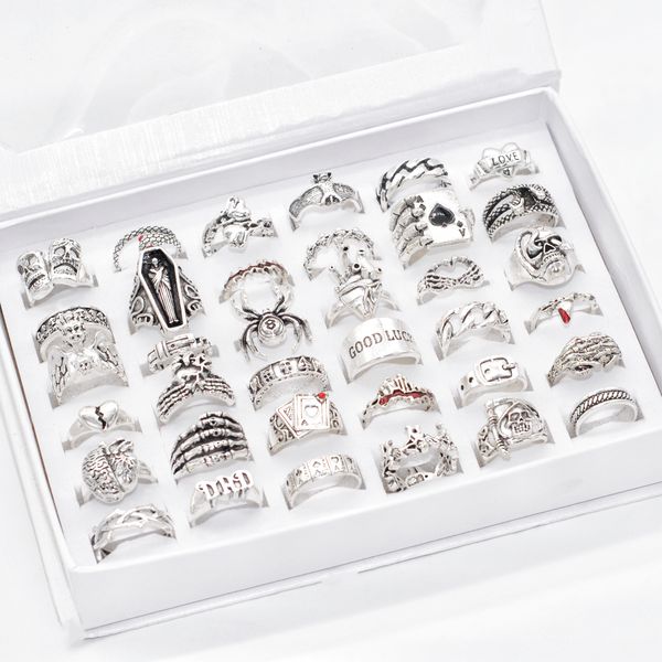 

wholesale 32pcs mixed style punk gothic vintage rings for women men antique silver plated metal animal skull poker charm party jewelry lot, Golden;silver