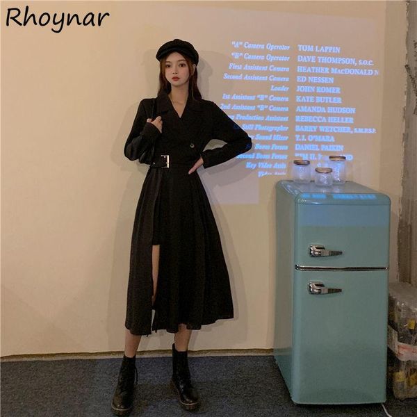 

dresses dress women solid sideslit temperament leisure allmatch notched stylish summer long sleeve vestido korean style simple lady, Black;gray