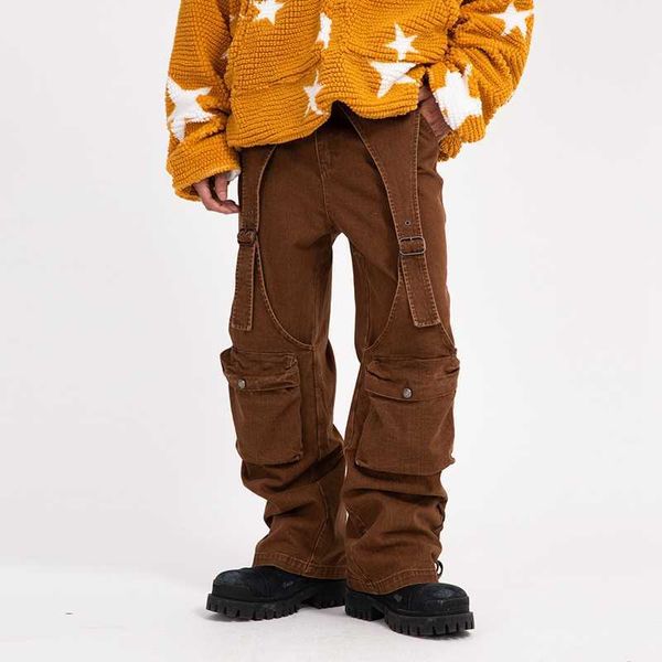 

men's pants 2023 cool design bandage poets vintage brown baggy men cargo jeans pants y2k hip hop women cotton long trousers pantaloni u, Black