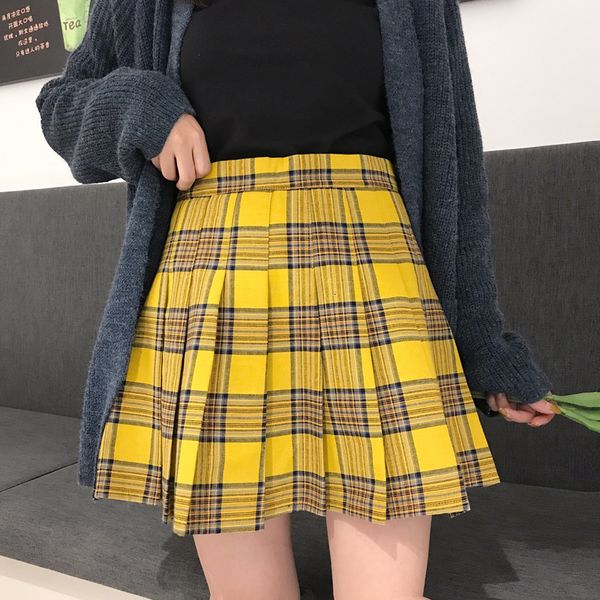 

skirts xs - 5xl england style casual women skirt black yellow plaid pleated skirts shorts high waist plaided mini skirt 230422