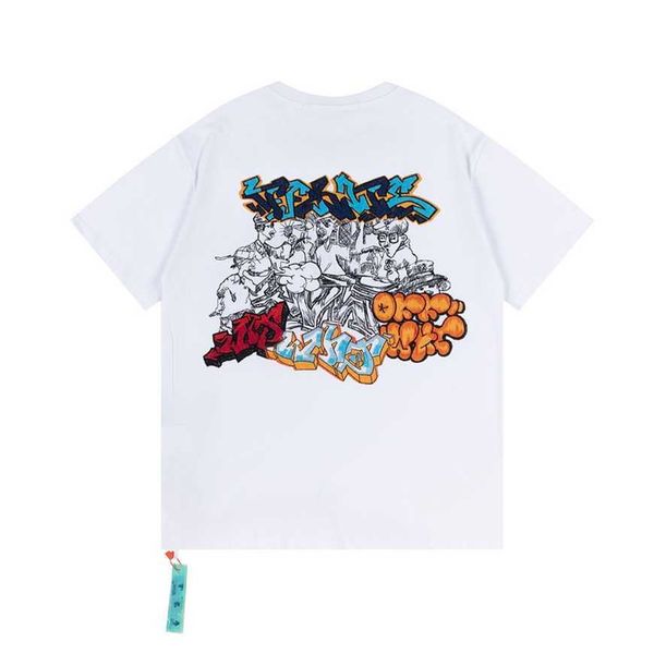 

32% off spring autumn new ow colorful cracked graffiti embroidery round neck men's and women's loose short sleeve t-shirt hair, White;black