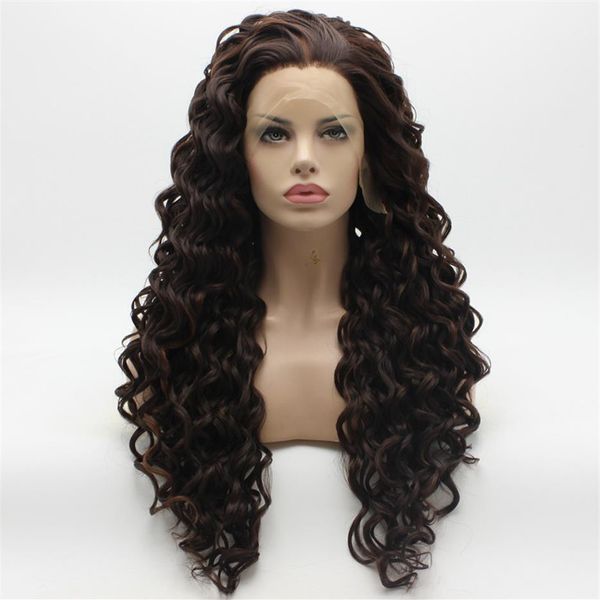 

iwona hair curly long two tone brown auburn mix wig 18#6 30 half hand tied heat resistant synthetic lace front daily natural wigs251c, Black