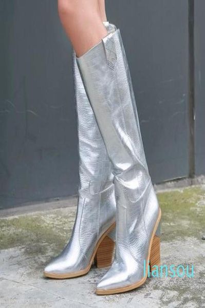 

small big size 11 colors gold knee high cowboy boots pointed chunky heel designer shoes8835603, Black